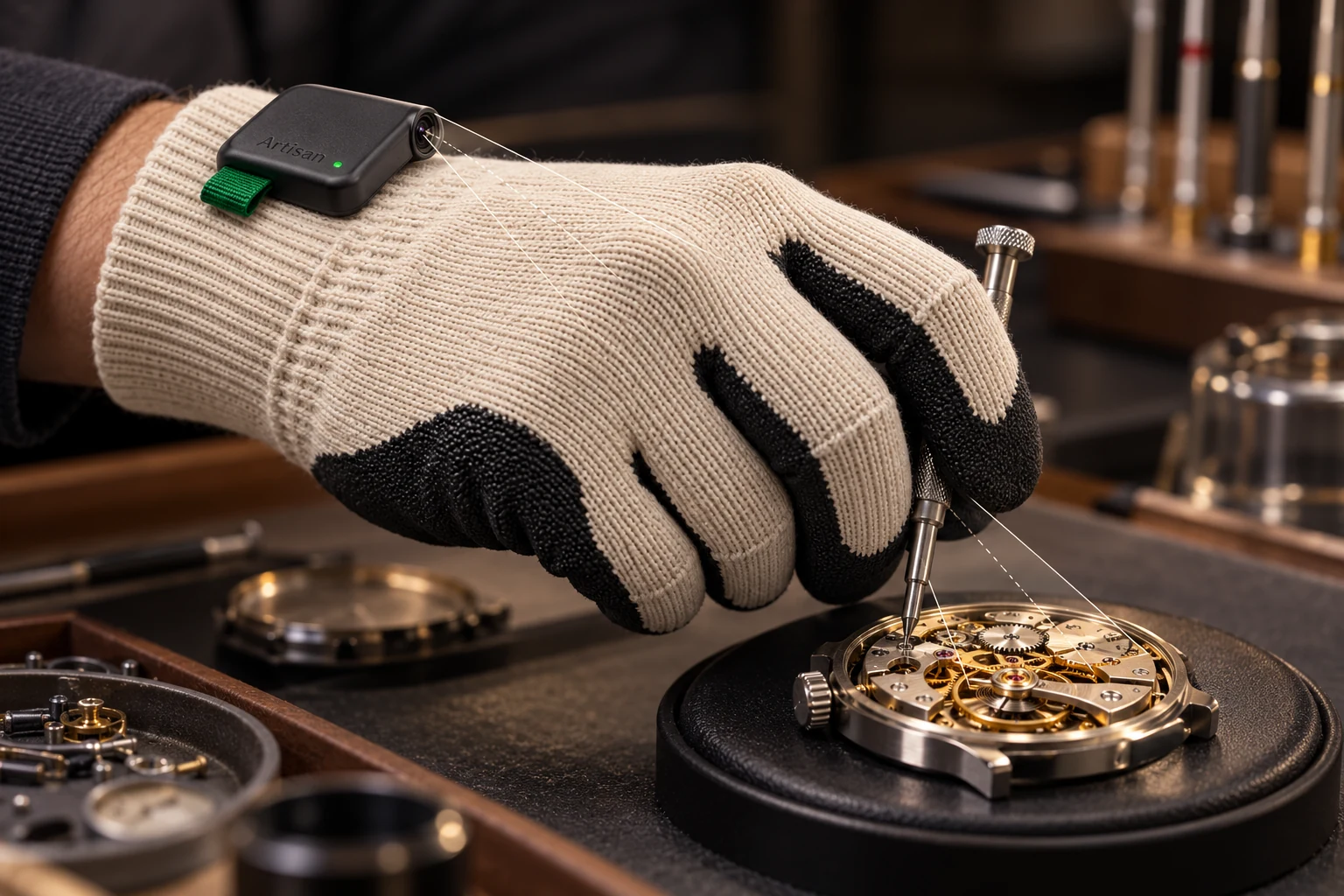 Ghosted glove with a forward-facing cuff lens aimed over the back of the hand