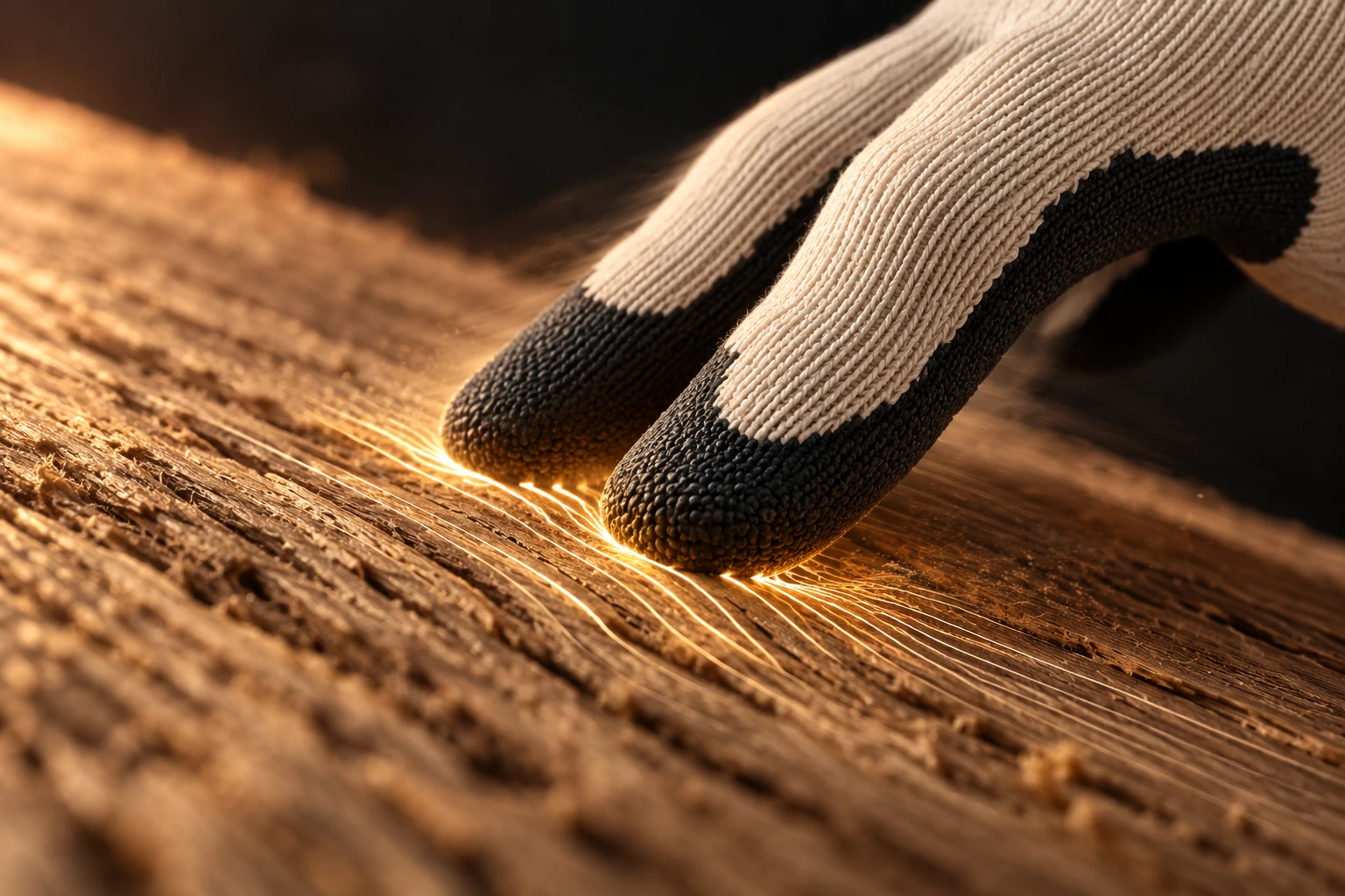 Macro of black gloved fingertips moving over rough oak, with fine digital contours beneath the contact area