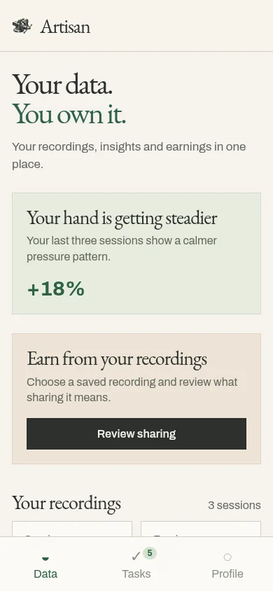 Actual companion app design, with glove connection in Data and navigation for Tasks and Profile