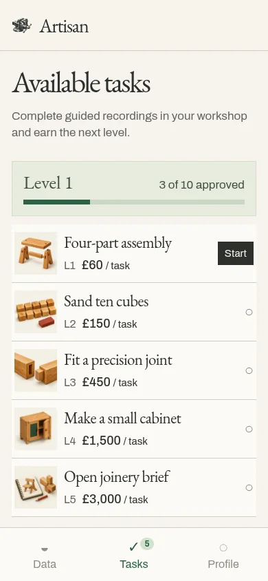 Artisan Tasks app design, showing example paid robot-training tasks
