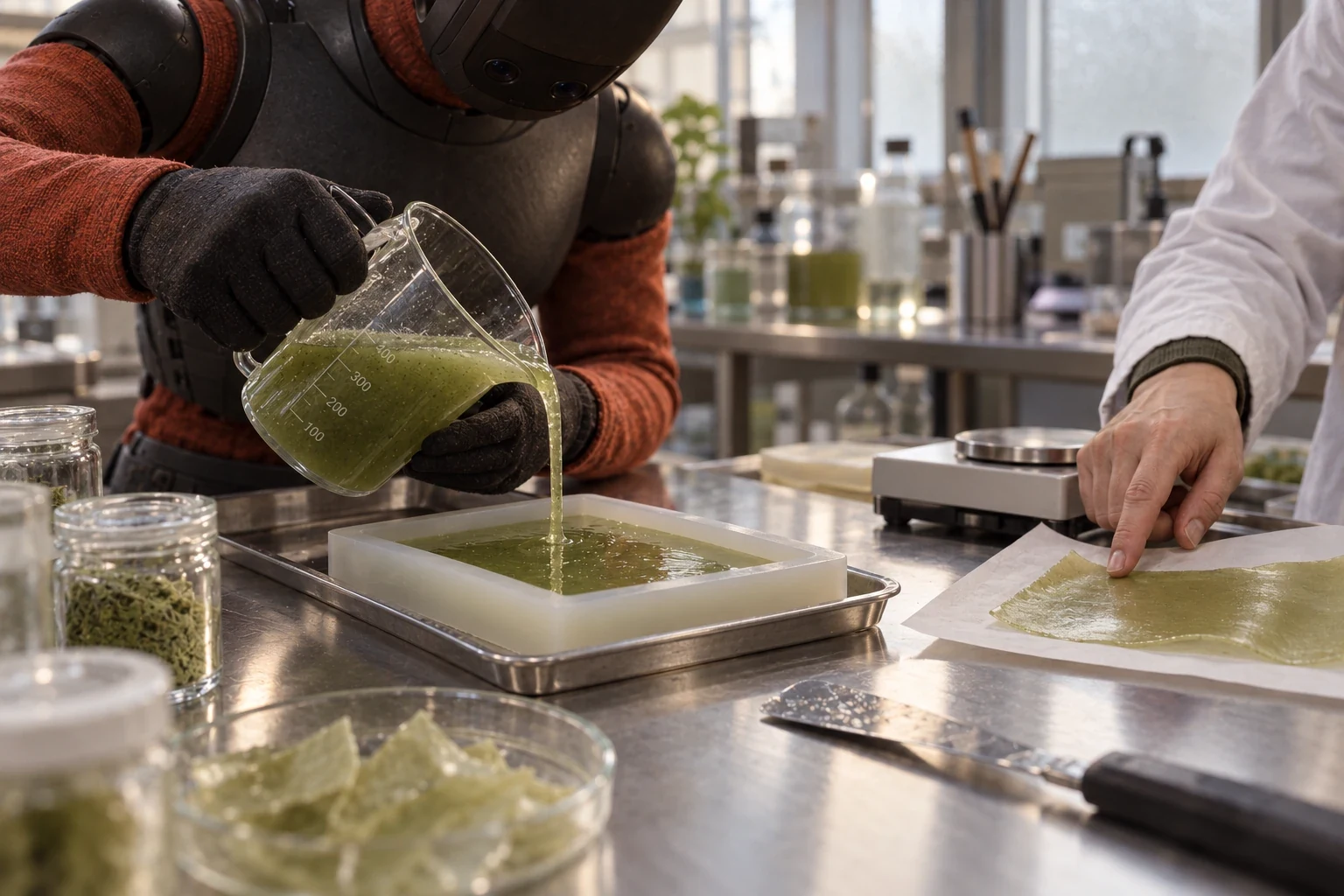 Gloved robot hands pouring a biomaterial mixture into a mould on a stainless steel laboratory bench