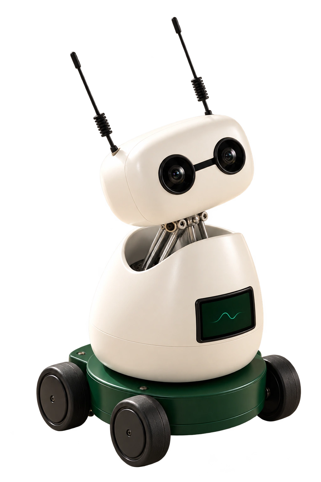 The Brains: the small robot with camera eyes, a front screen and a compact wheeled base.