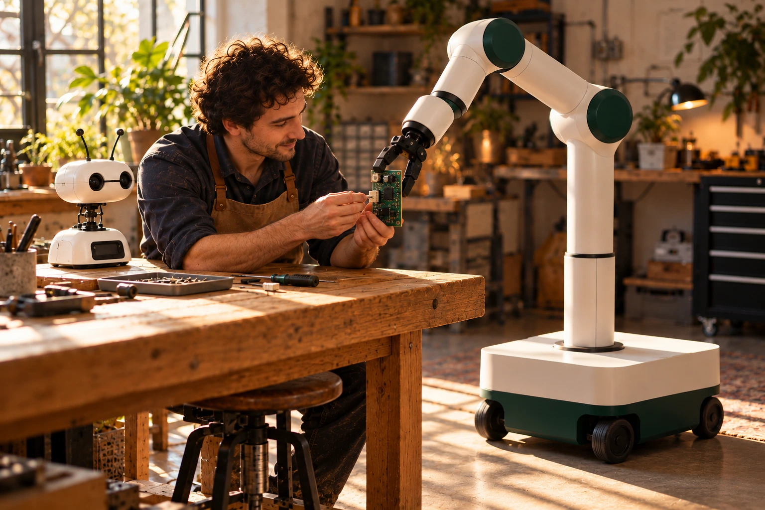 A technician inserts a connector into a board held at its edges by the mobile arm, with the Brains beside the work