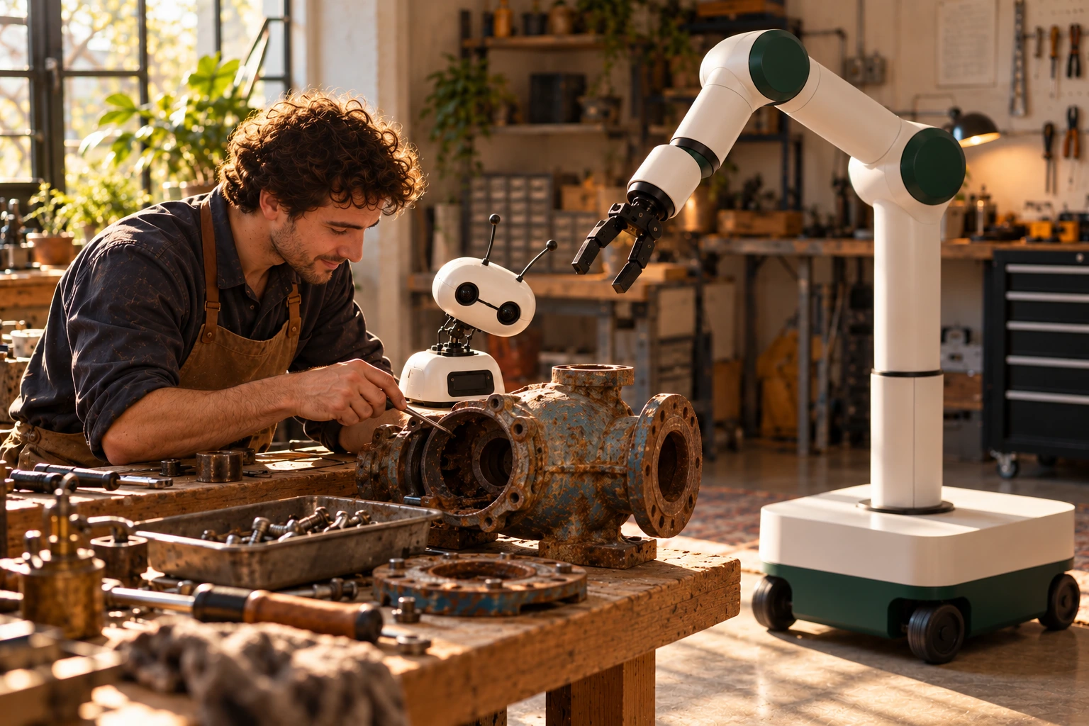 The Brains tilts its camera eyes towards a corroded pump housing as a mechanic points to the damage, with the mobile arm parked nearby