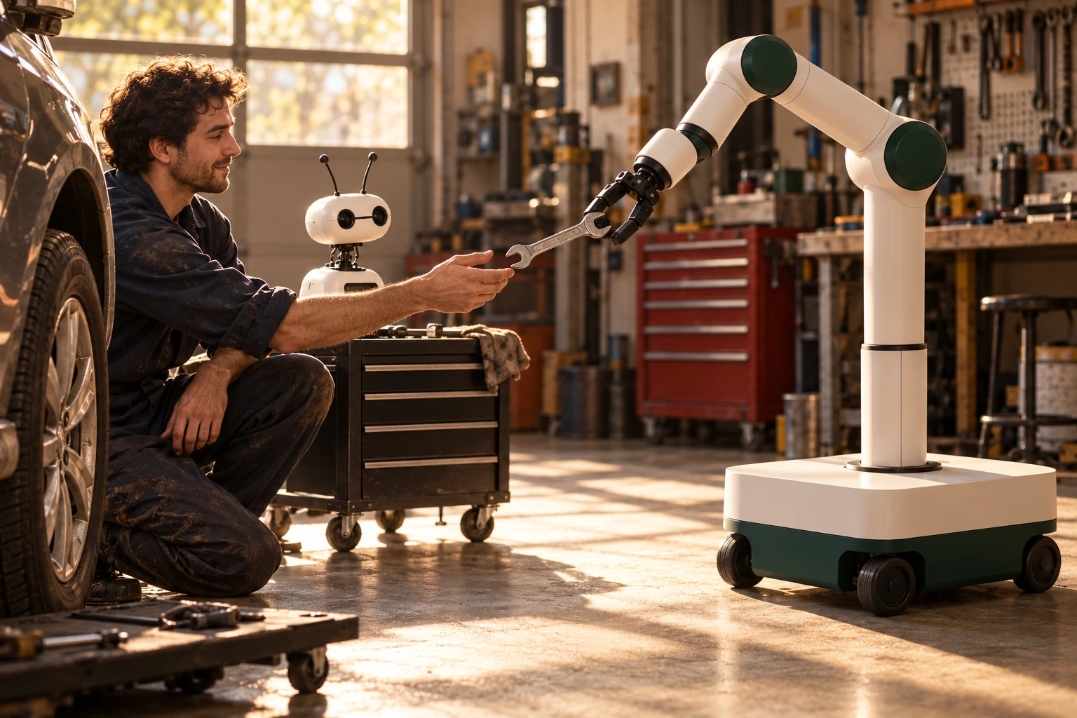 The Muscle offers a wrench to a mechanic beside a car; its wheeled base is parked on the floor and the Brains watches from the tool trolley