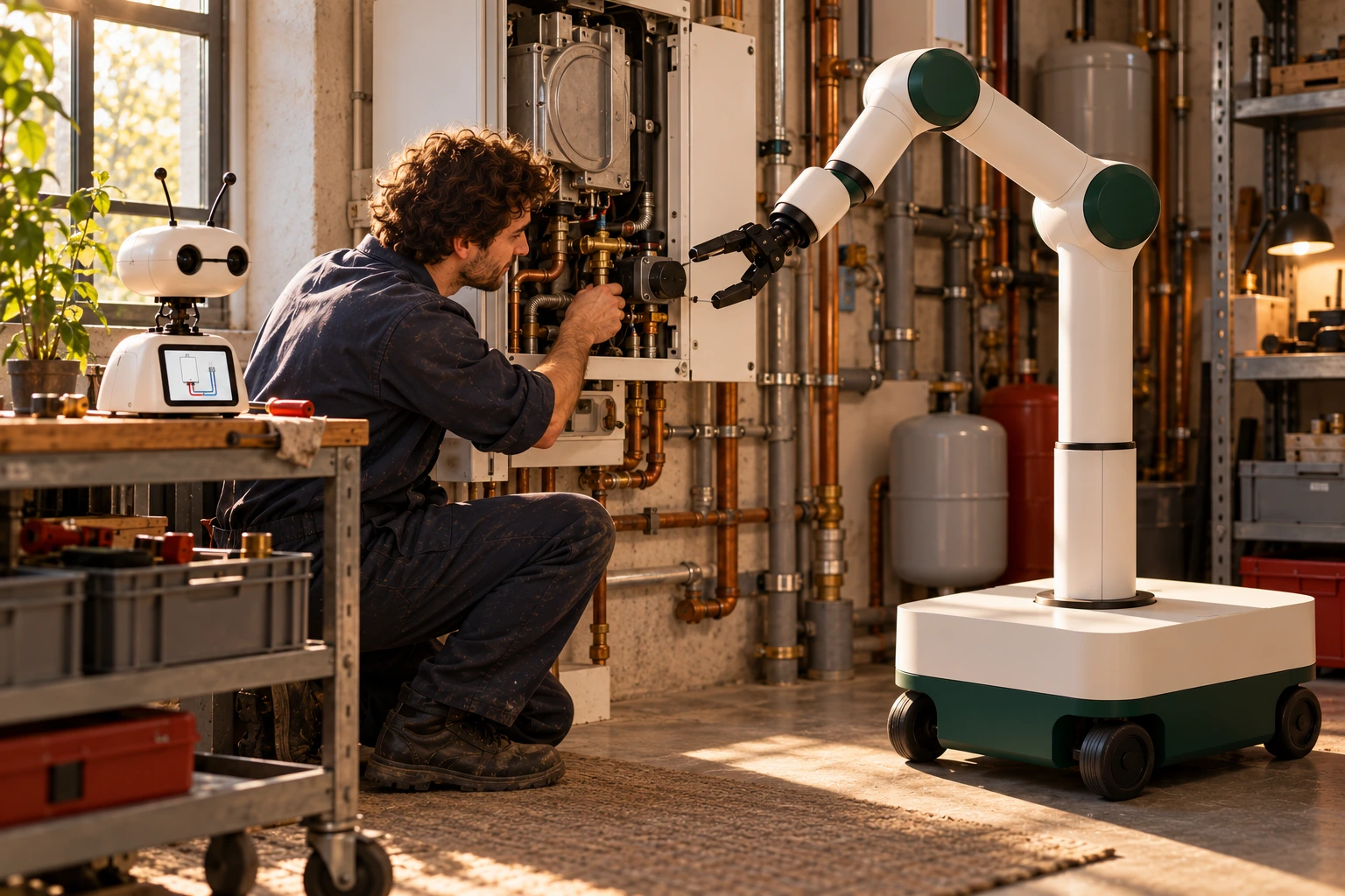 A plumber checks an open boiler; the Brains displays the manual on its small screen while the mobile arm points to the corresponding component