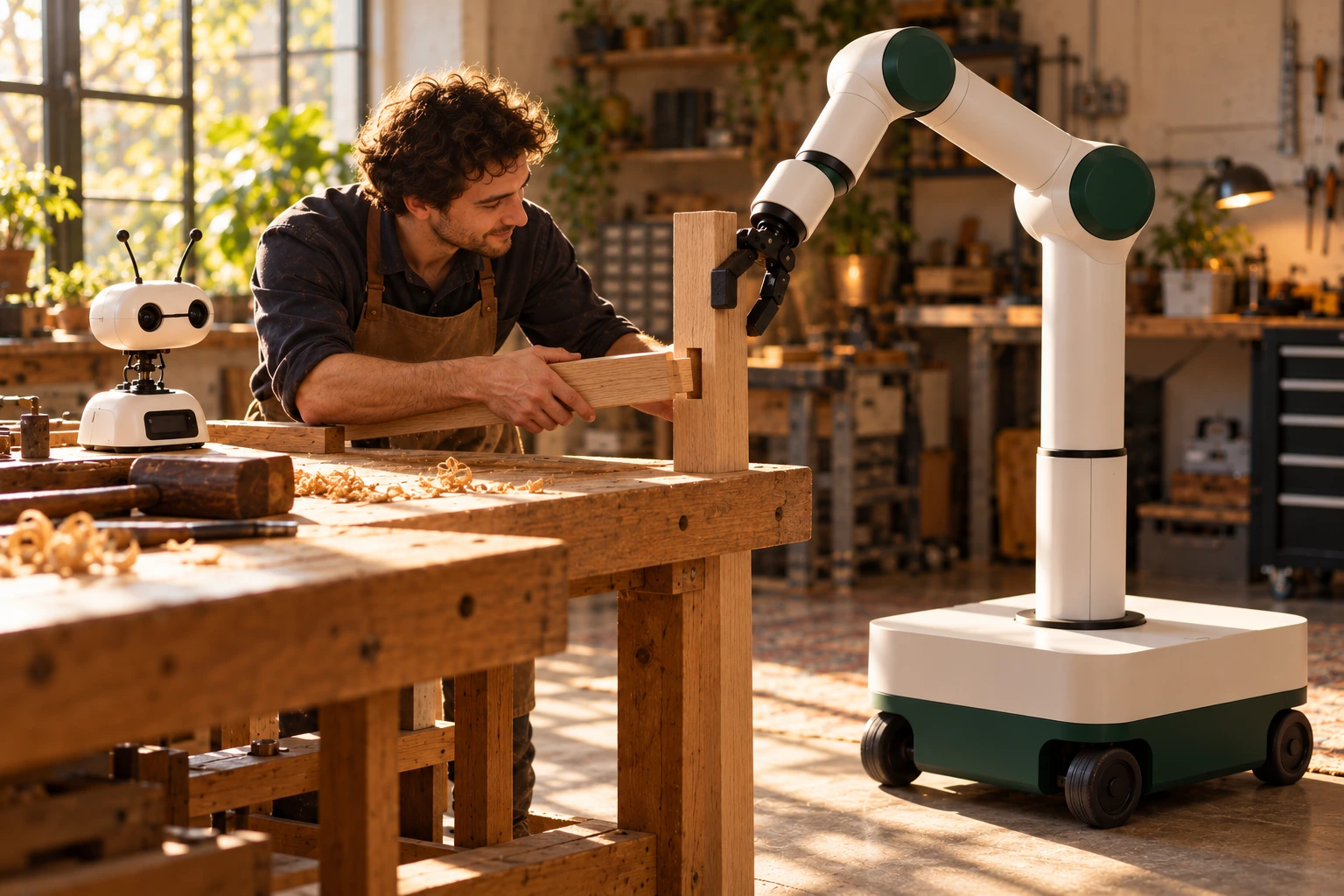 A carpenter fits a timber joint while the same mobile arm grips the upright rail; the Brains watches from the workbench