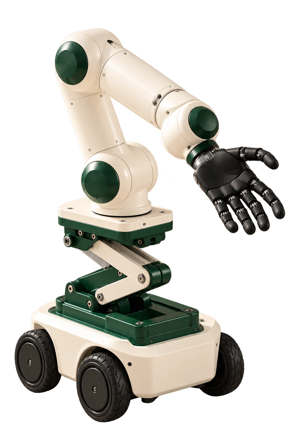 The Muscle: the robotic arm with an articulated black hand, height-adjustable stand and rubber-wheeled base.