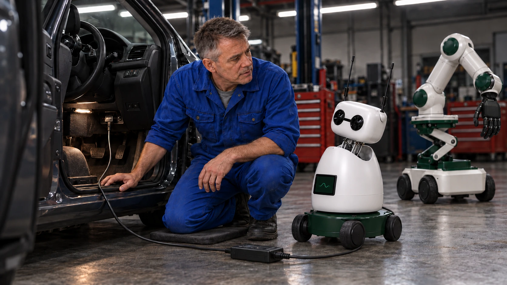 A mechanic talks with the small robot beside a car, with a diagnostic lead connected beneath the dashboard and the mobile arm parked behind them.