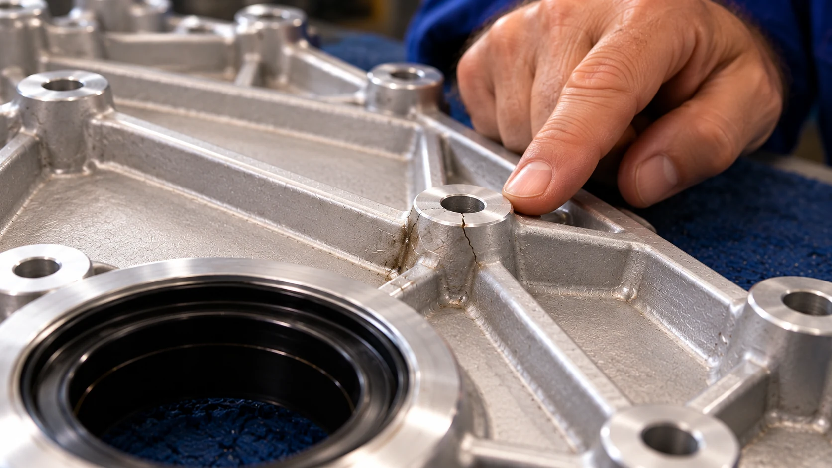 The same cracked engine cover photographed from the small robot’s position beside the mechanic