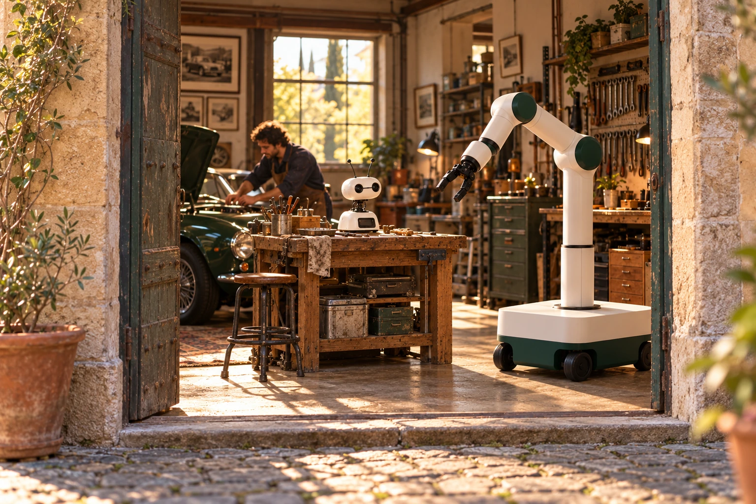 The Brains on a workshop bench beside the Muscle: a white and green robot arm on its wheeled floor base