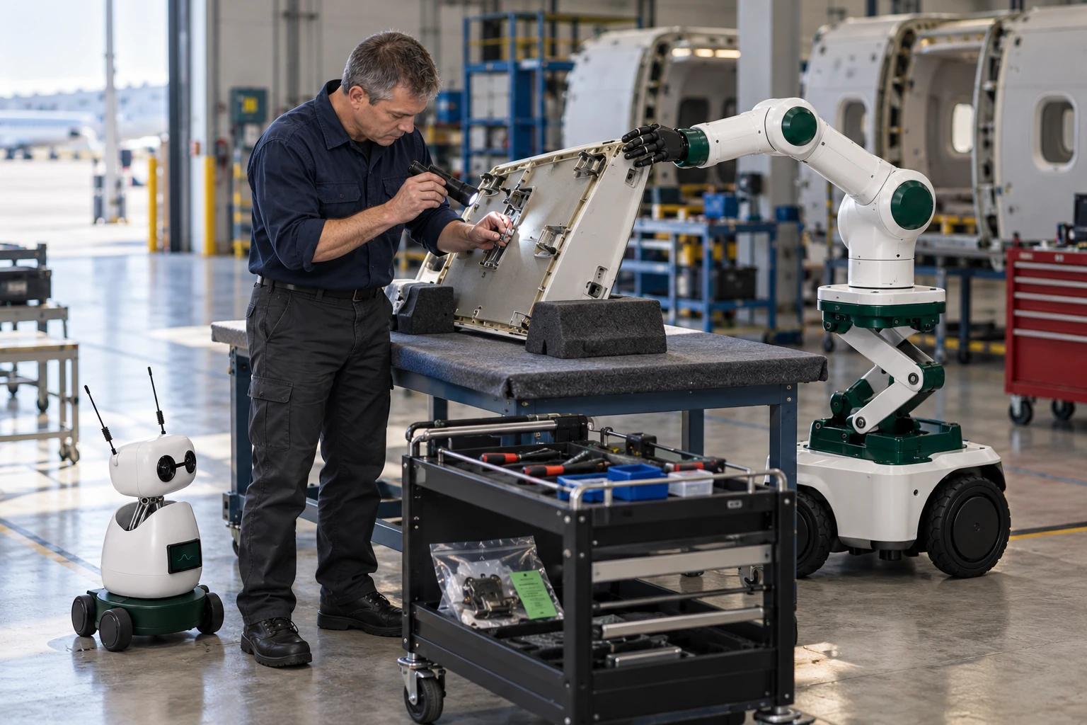 Muscle steadies a lightweight removed cabin trim cover while the technician uses both hands to inspect a retaining bracket.
