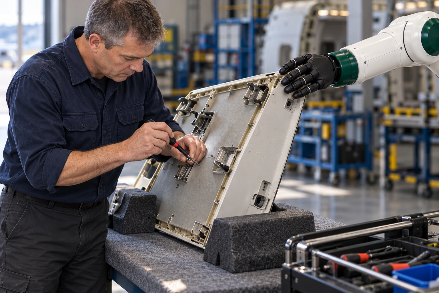Muscle steadies a lightweight removed cabin trim cover while the technician uses both hands to inspect a retaining bracket.