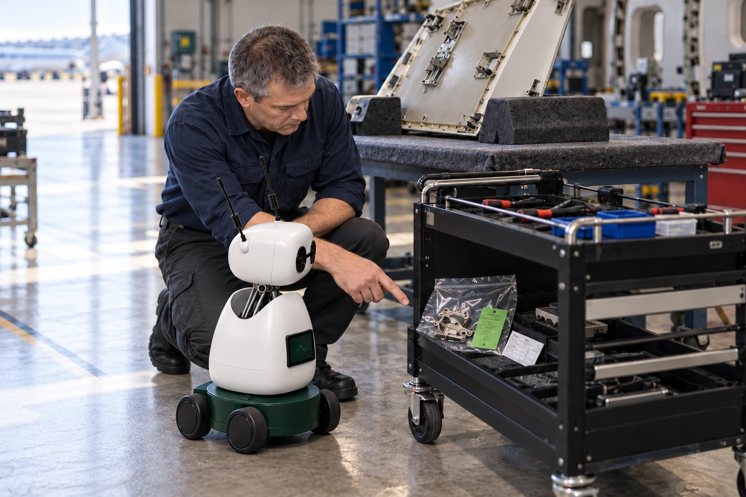 Technician explains that this removed latch is retained for the job record pending disposition. The worker shows Mini the removed cabin latch, now in the clear bag with the green job tag on the lower component cart; Mini listens and looks at that actual object.