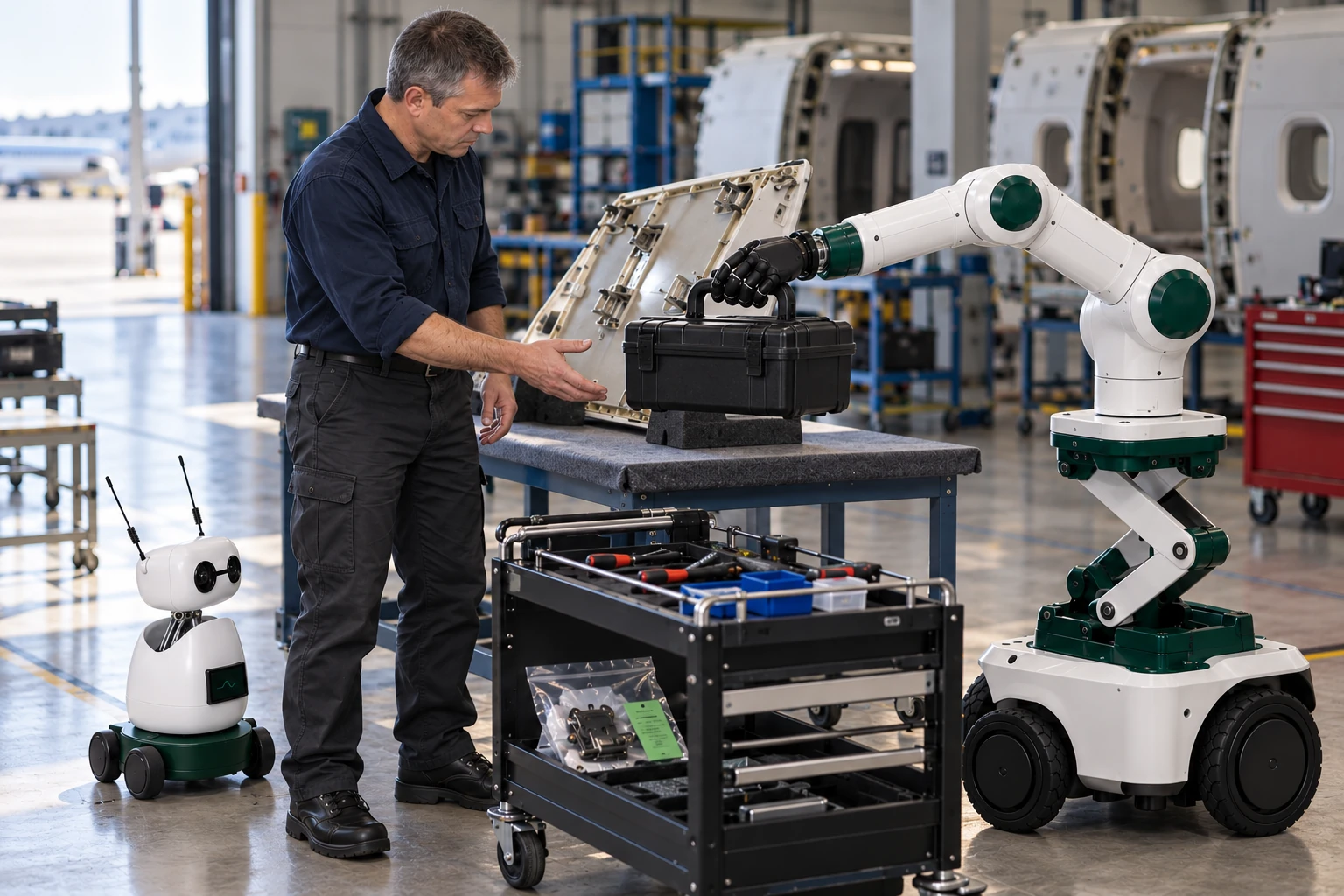 Bring the closed small tool case to the technician by its top handle.