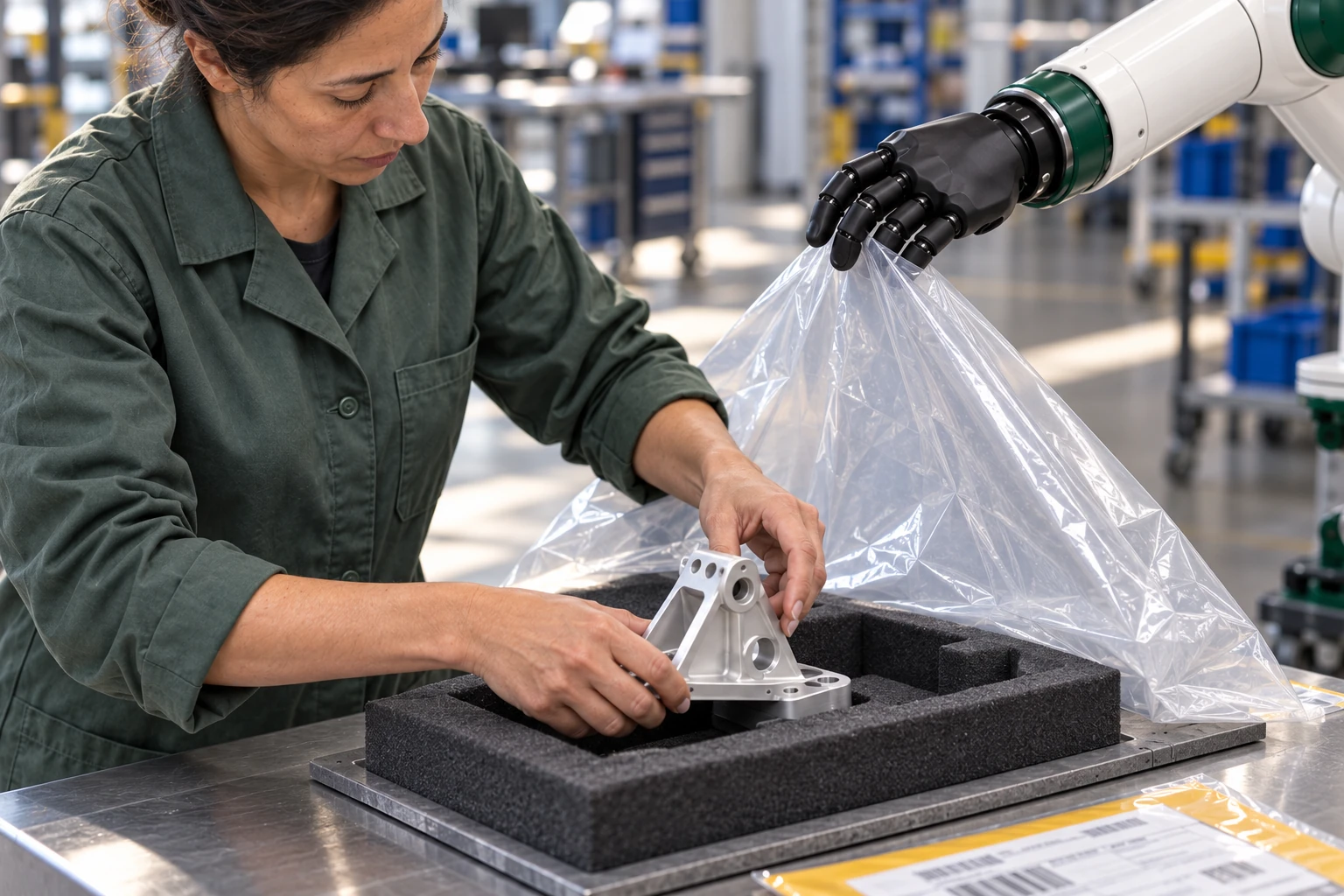 Muscle holds the broad flap of a protective bag open while the operator uses both hands to place a small finished bracket into its padded carrier.