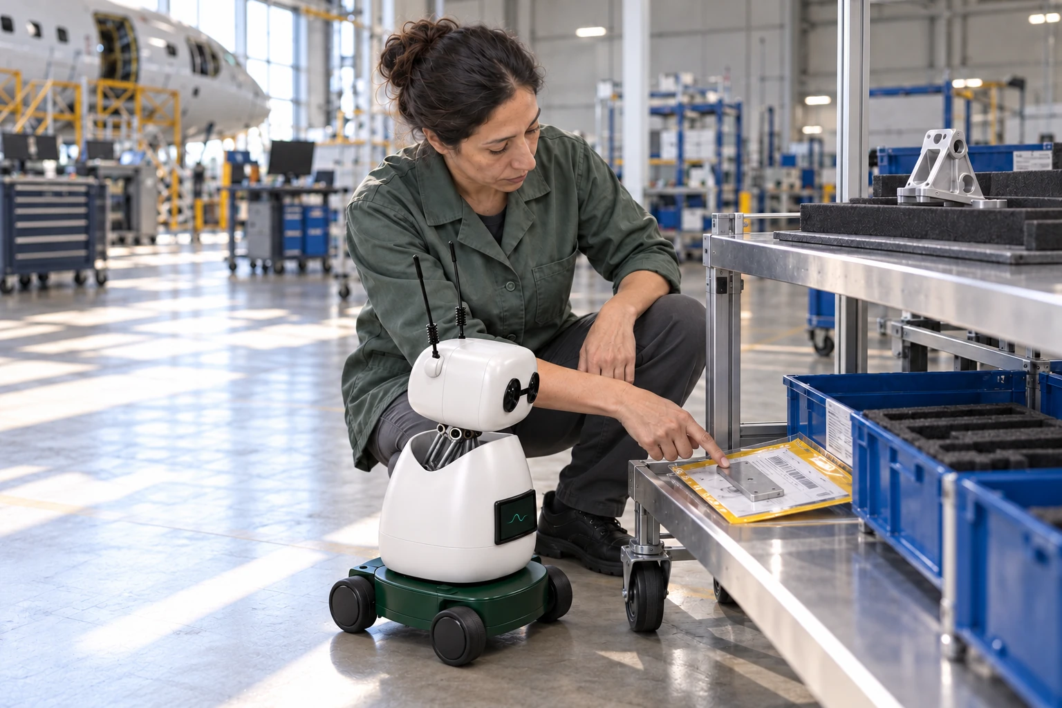 Operator explains how this coupon and traveller remain linked to the batch during review. The worker shows Mini the retained process coupon, now in the yellow-tagged sleeve on the lower quality trolley; Mini listens and looks at that actual object.