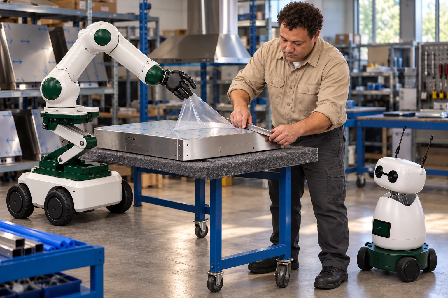 Muscle holds a loose protective-film tail clear while the assembler uses both hands to seat a trim strip against a bench-supported casing.