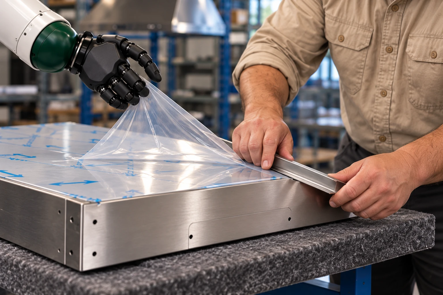 Muscle holds a loose protective-film tail clear while the assembler uses both hands to seat a trim strip against a bench-supported casing.