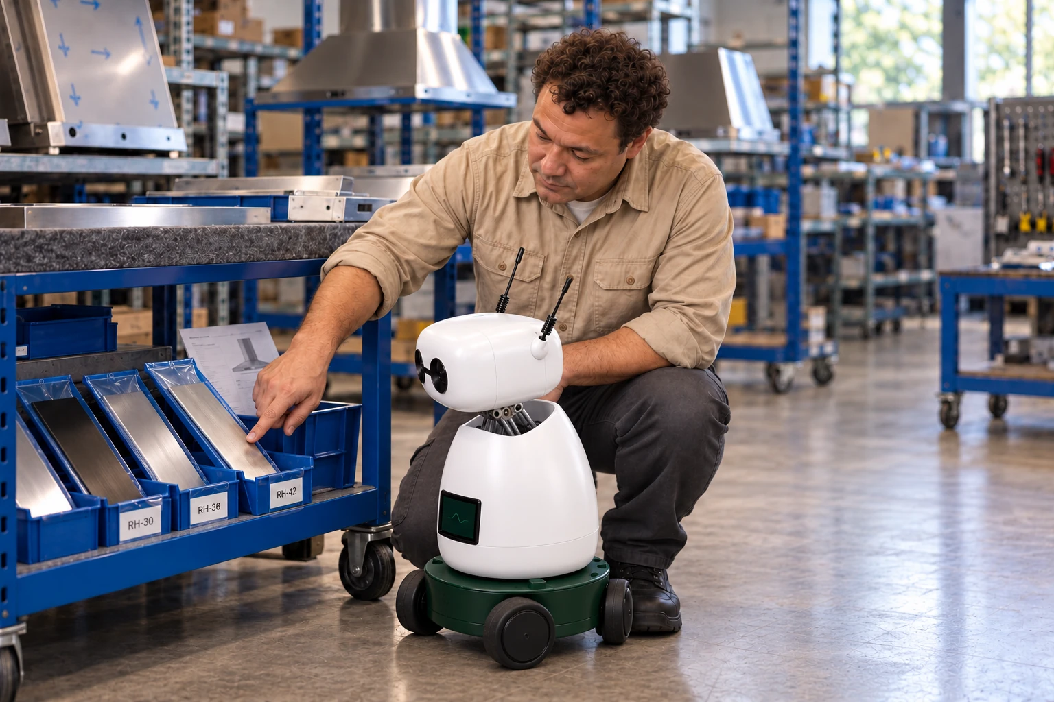 Assembler explains which trim finish distinguishes this appliance variant. The worker shows Mini the approved trim sample, now in the blue sleeve with the model tag on the lower build cart; Mini listens and looks at that actual object.