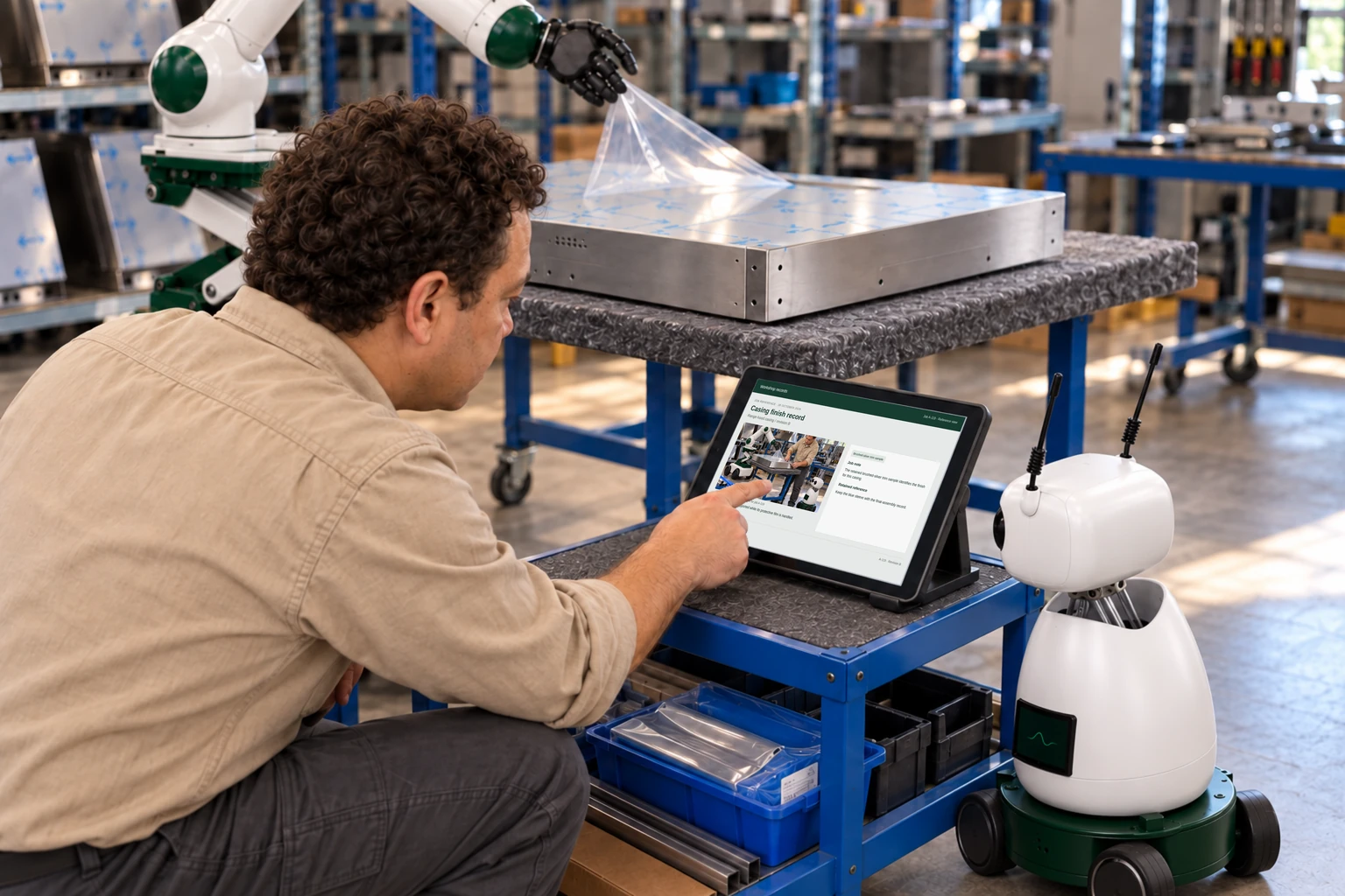 Worker and Mini consult a supported tablet/laptop: We find the product variant, assembly drawing and protective-film specification.