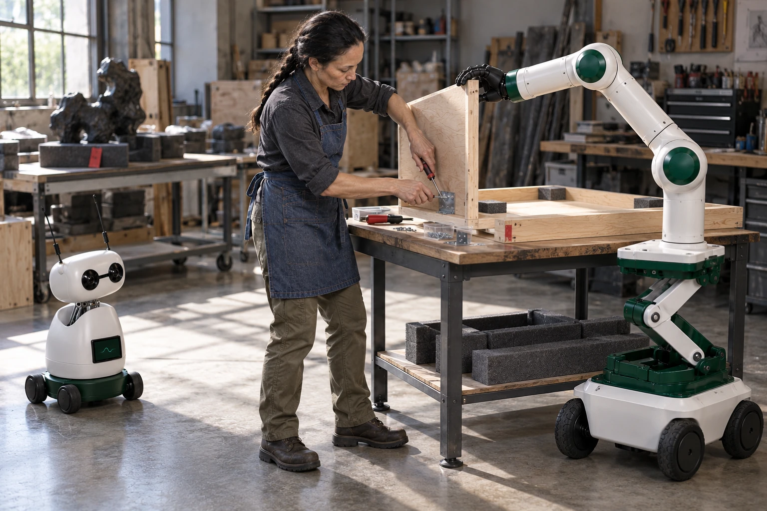 Muscle steadies a raised plywood return of an empty sculpture transport cradle while the fabricator fixes its corner brace with both hands. Mini observes the actual handwork from a separate clear floor position.