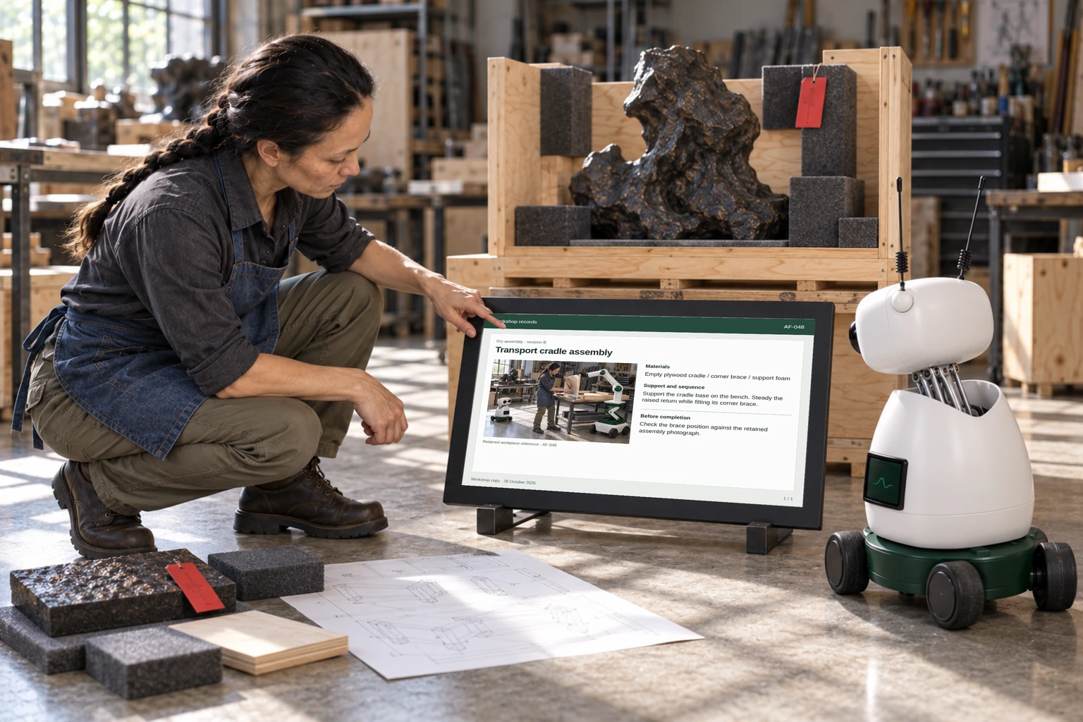 The fabricator and Mini consult the approved transport-cradle drawing beside a labelled foam sample.