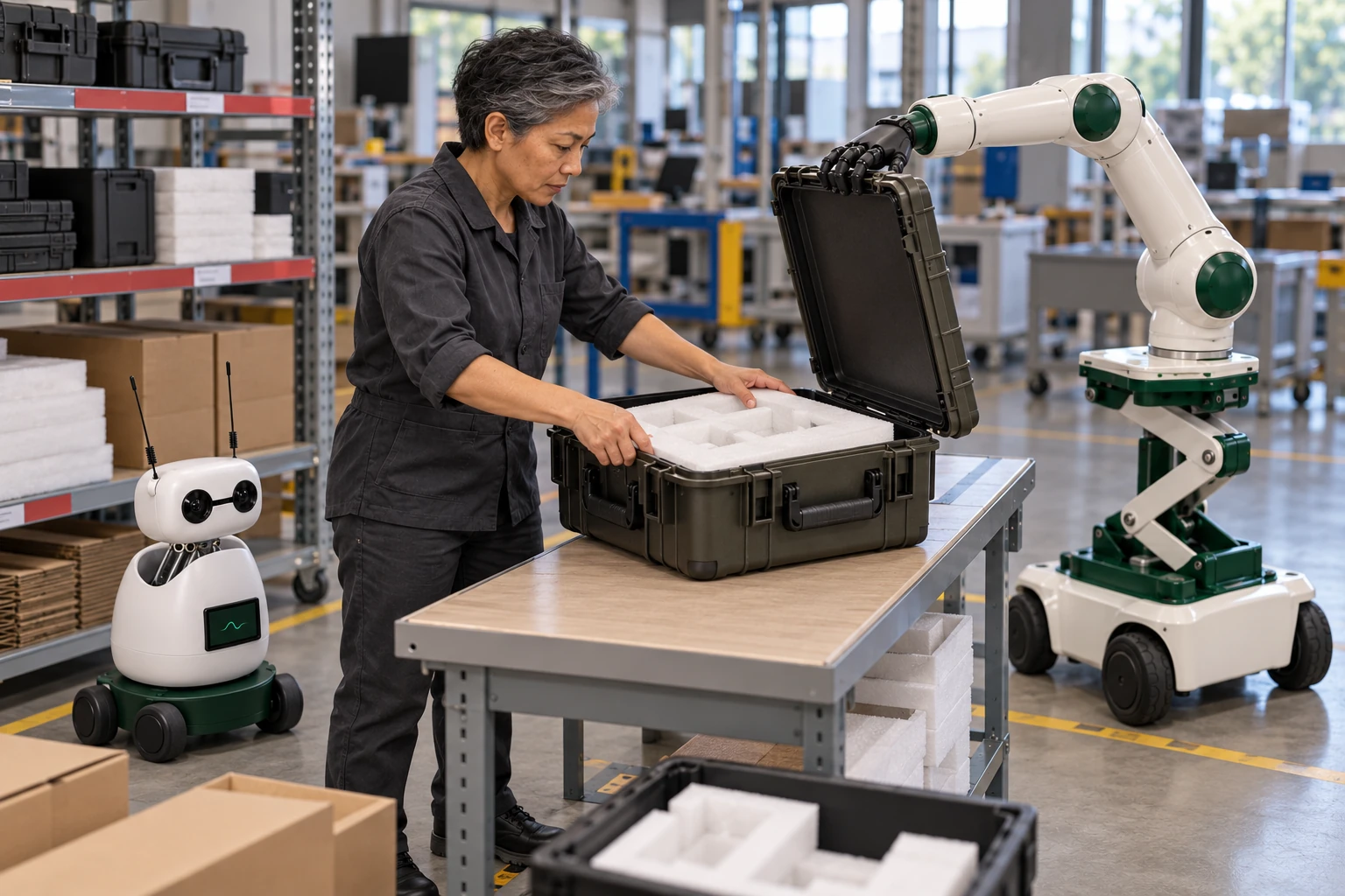 Muscle steadies the broad lid of an empty outer transit case while the operator uses both hands to position its foam insert.