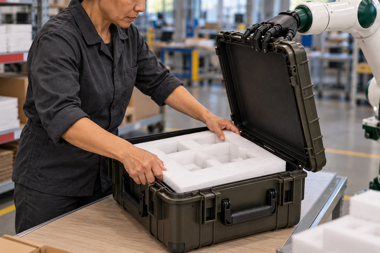 Muscle steadies the broad lid of an empty outer transit case while the operator uses both hands to position its foam insert.