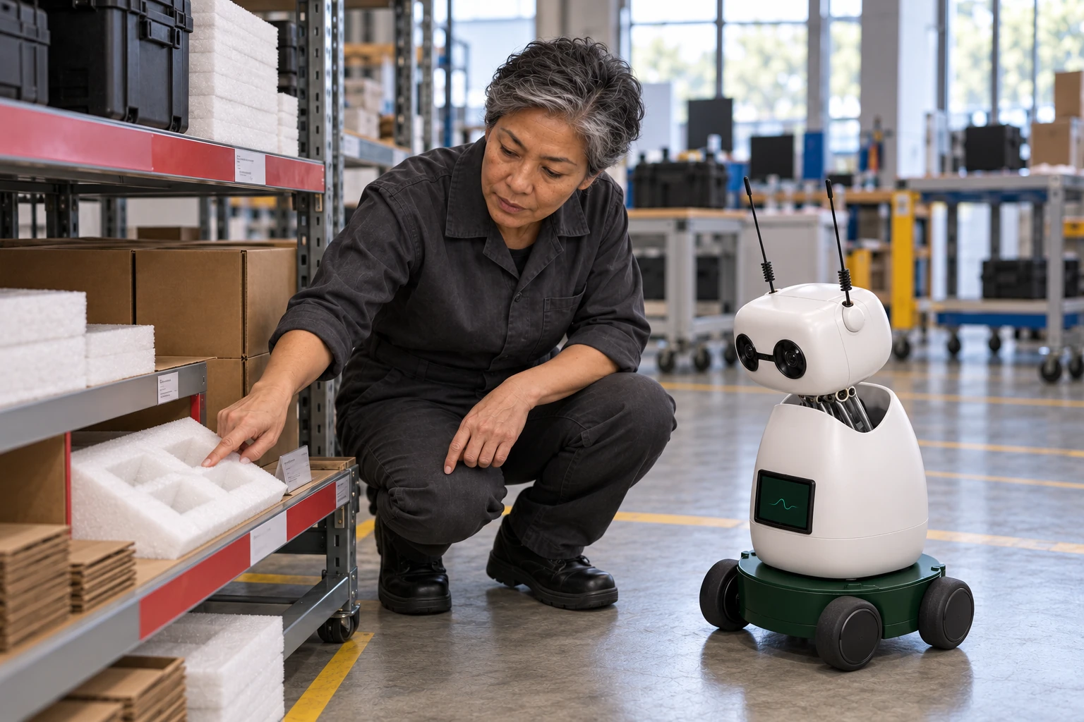 Operator explains which insert belongs to this pack enclosure variant before packaging stock is released. The worker shows Mini the approved foam insert sample, now in the red-marked sample bay on the lower packaging rack; Mini listens and looks at that actual object.