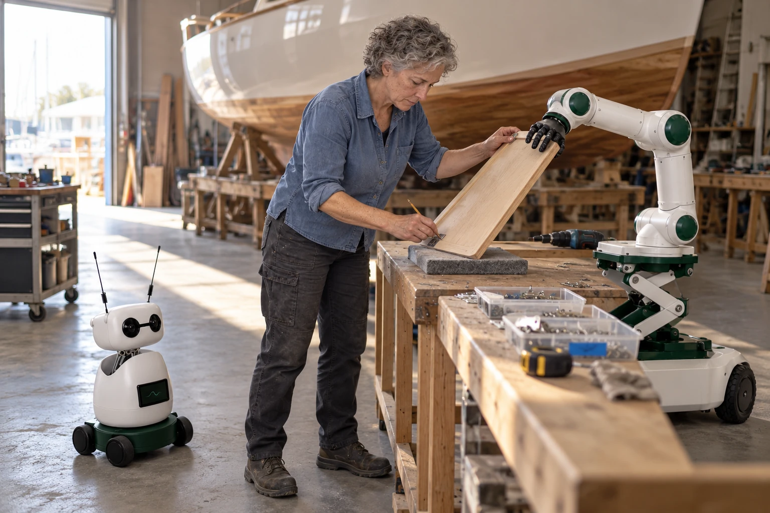 Muscle steadies a lightweight locker lid at its free edge while the joiner uses both hands to check and mark the hinge position.