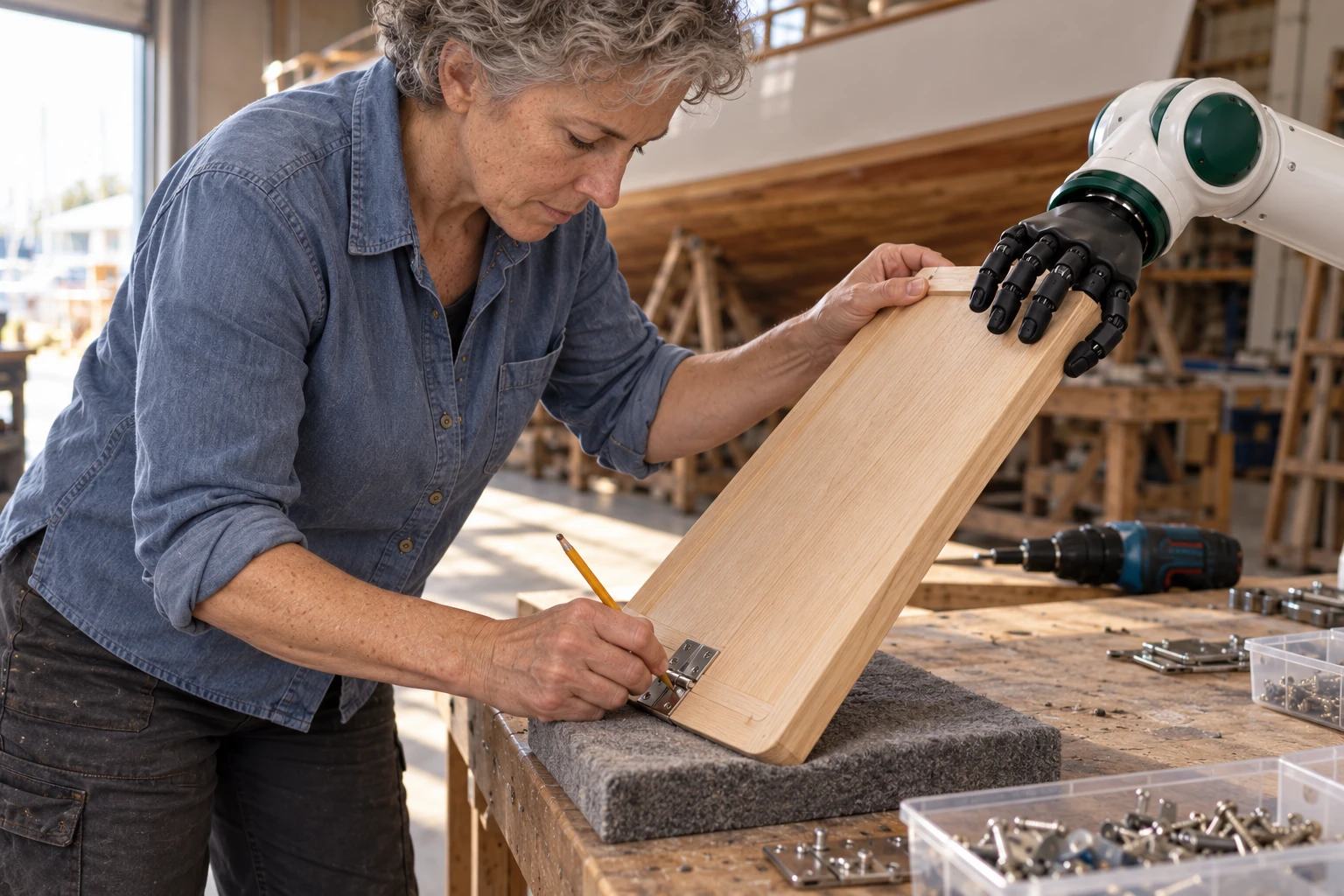 Muscle steadies a lightweight locker lid at its free edge while the joiner uses both hands to check and mark the hinge position.