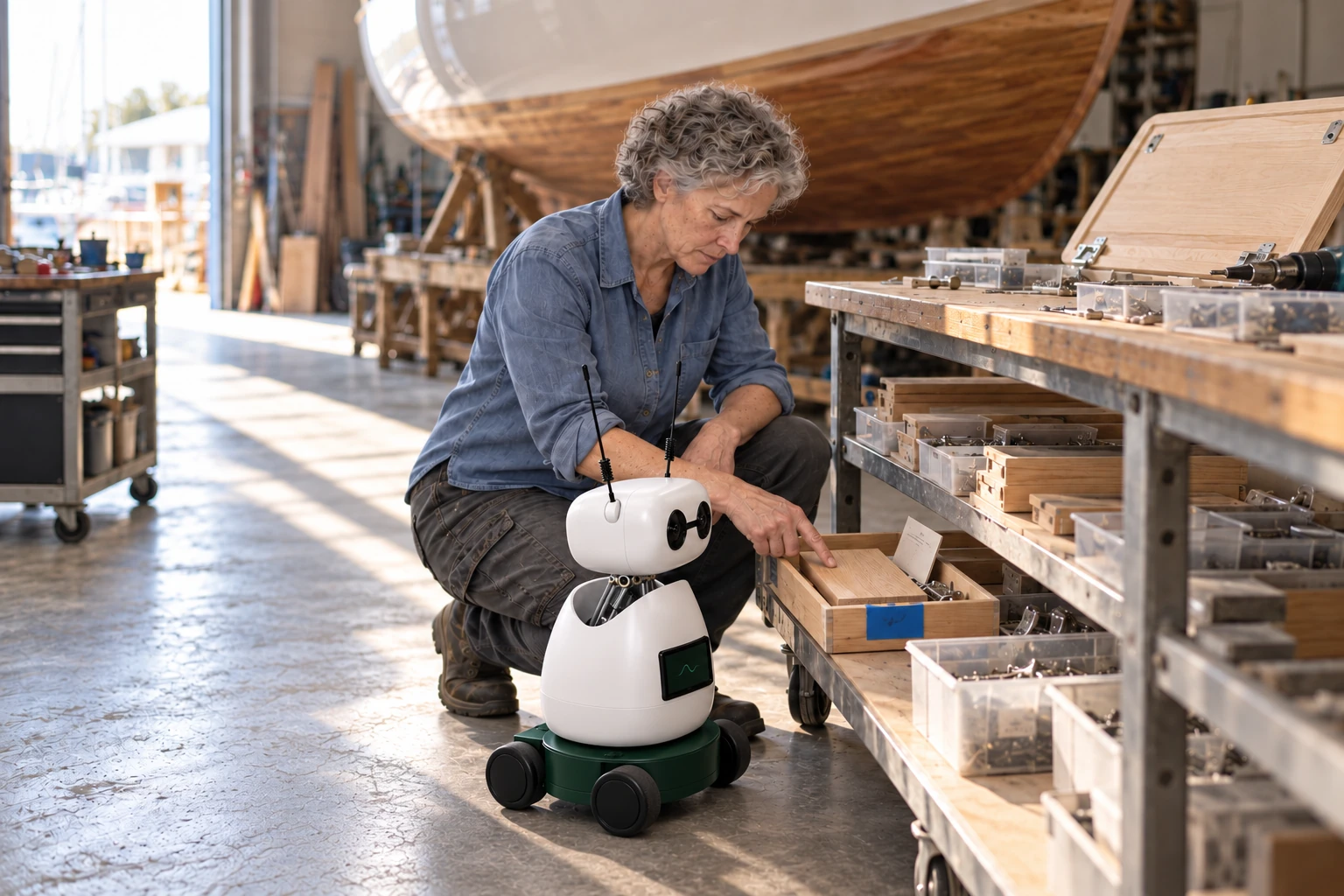 Joiner explains that this finish sample belongs to the cabin build and must accompany its panels. The worker shows Mini the cabin finish sample, now in the shallow tray with the blue build tag on the lower outfitting cart; Mini listens and looks at that actual object.