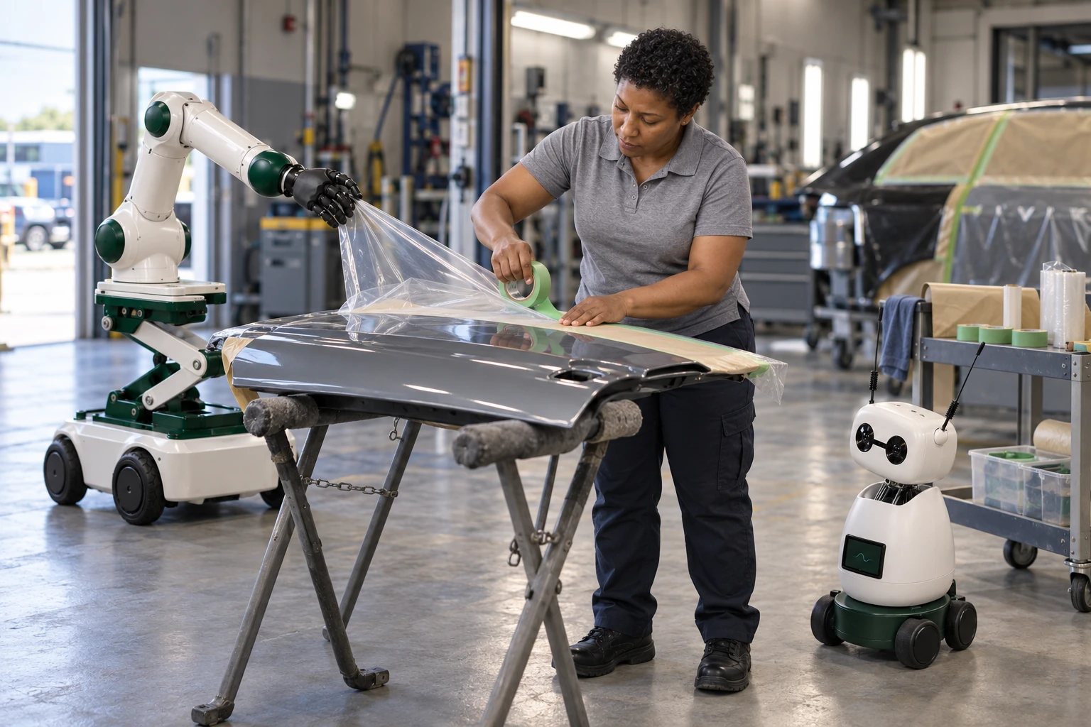 Muscle holds a loose protective-film fold clear of the prepared door edge while the worker uses both hands to tape the boundary.