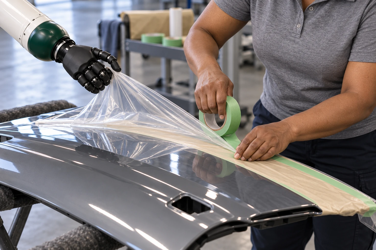 Muscle holds a loose protective-film fold clear of the prepared door edge while the worker uses both hands to tape the boundary.