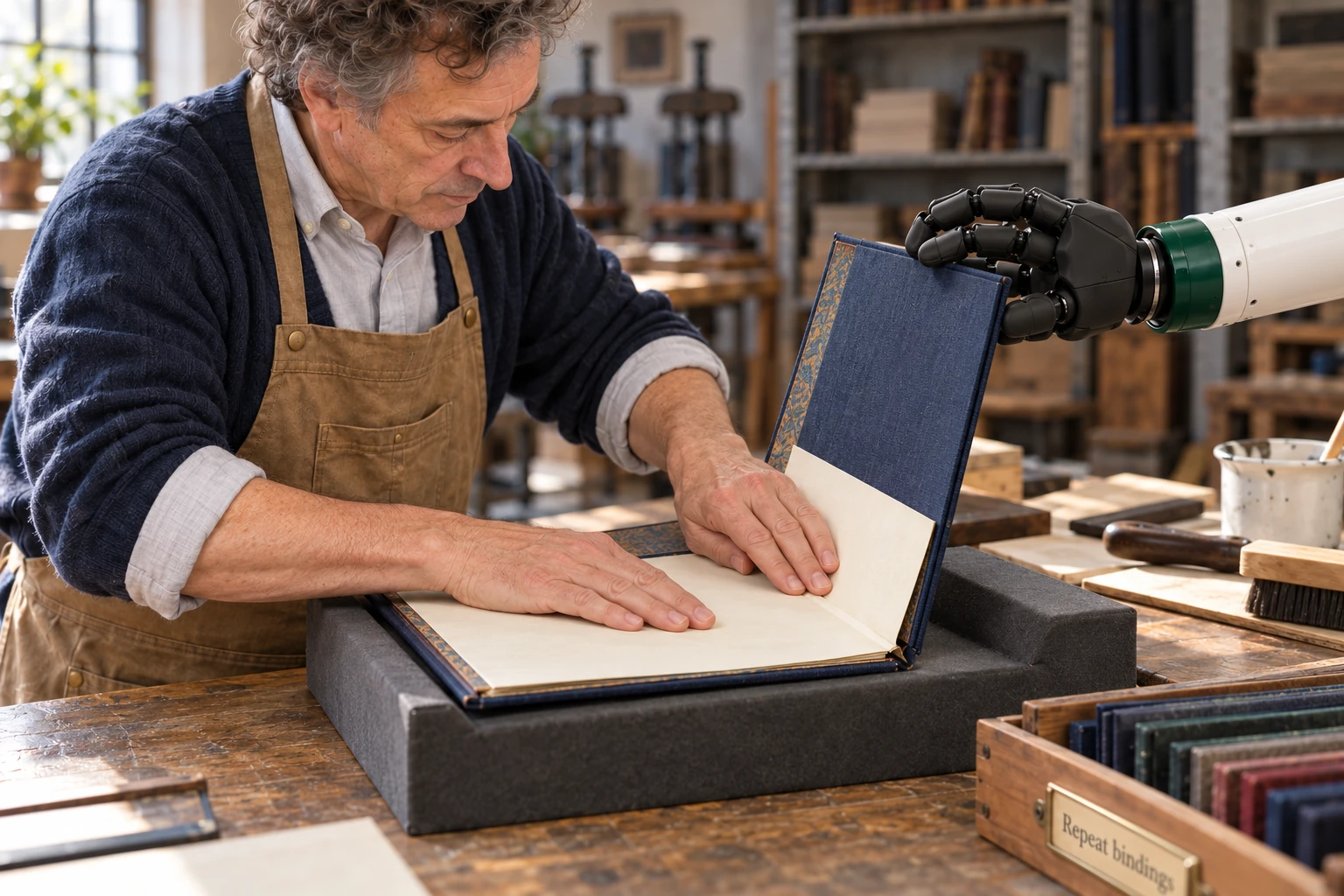 Muscle steadies the raised cloth-covered board of a bench-supported new ledger while the binder positions and smooths the endpaper with both hands.