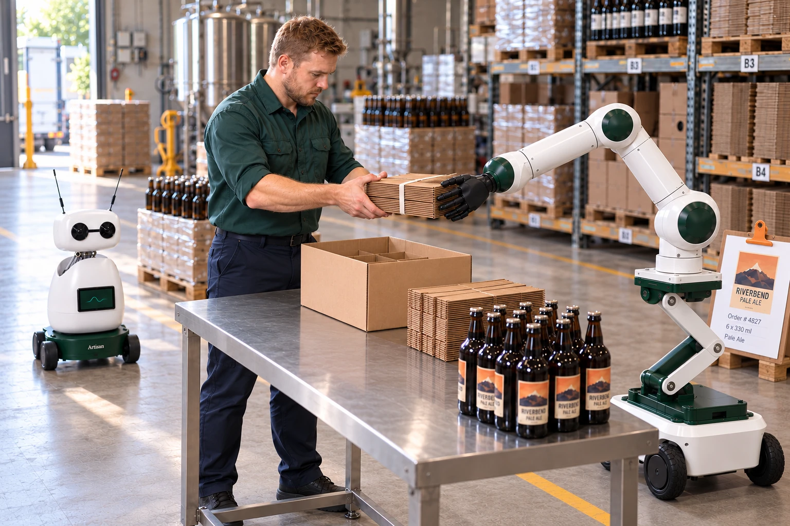 Muscle brings a short bundled stack of flat cardboard dividers to the packing table on its open palm.