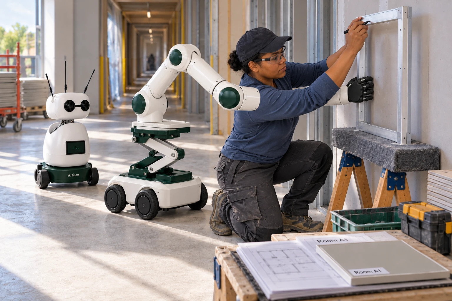 Muscle steadies a short lightweight access-panel frame against a padded wall-side support while the builder marks its orientation for a dry fit. Mini watches beside the skilled worker.