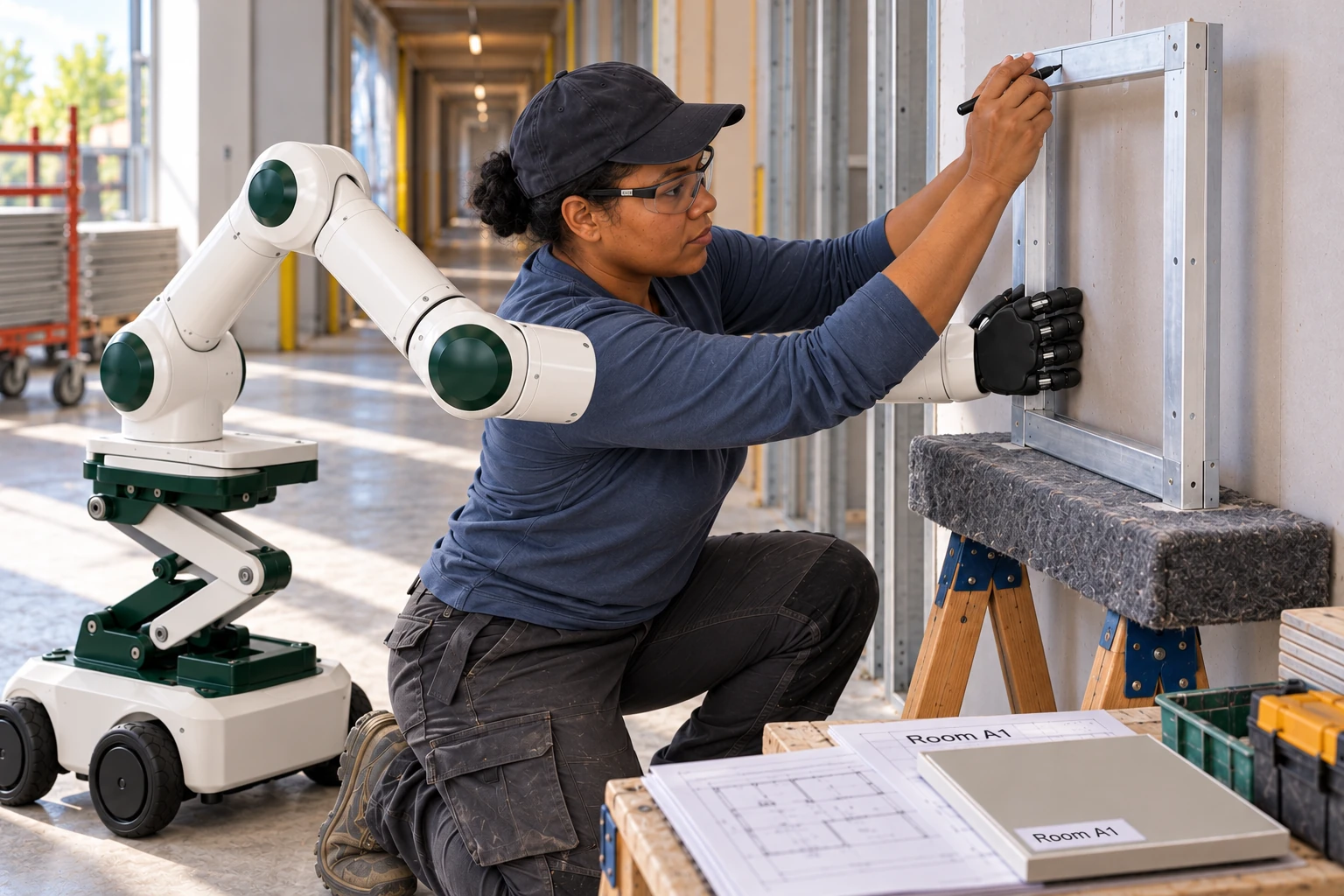 Muscle steadies a short lightweight access-panel frame against a padded wall-side support while the builder marks its orientation for a dry fit.