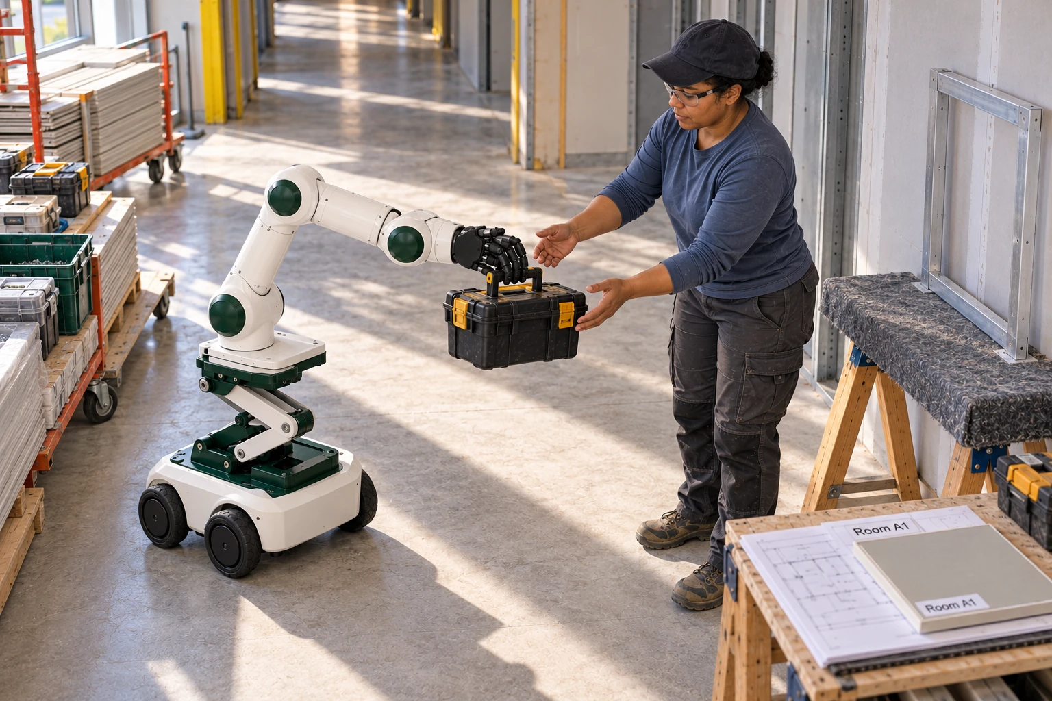 Muscle brings a closed compact fixings case from the staging bay to the builder.