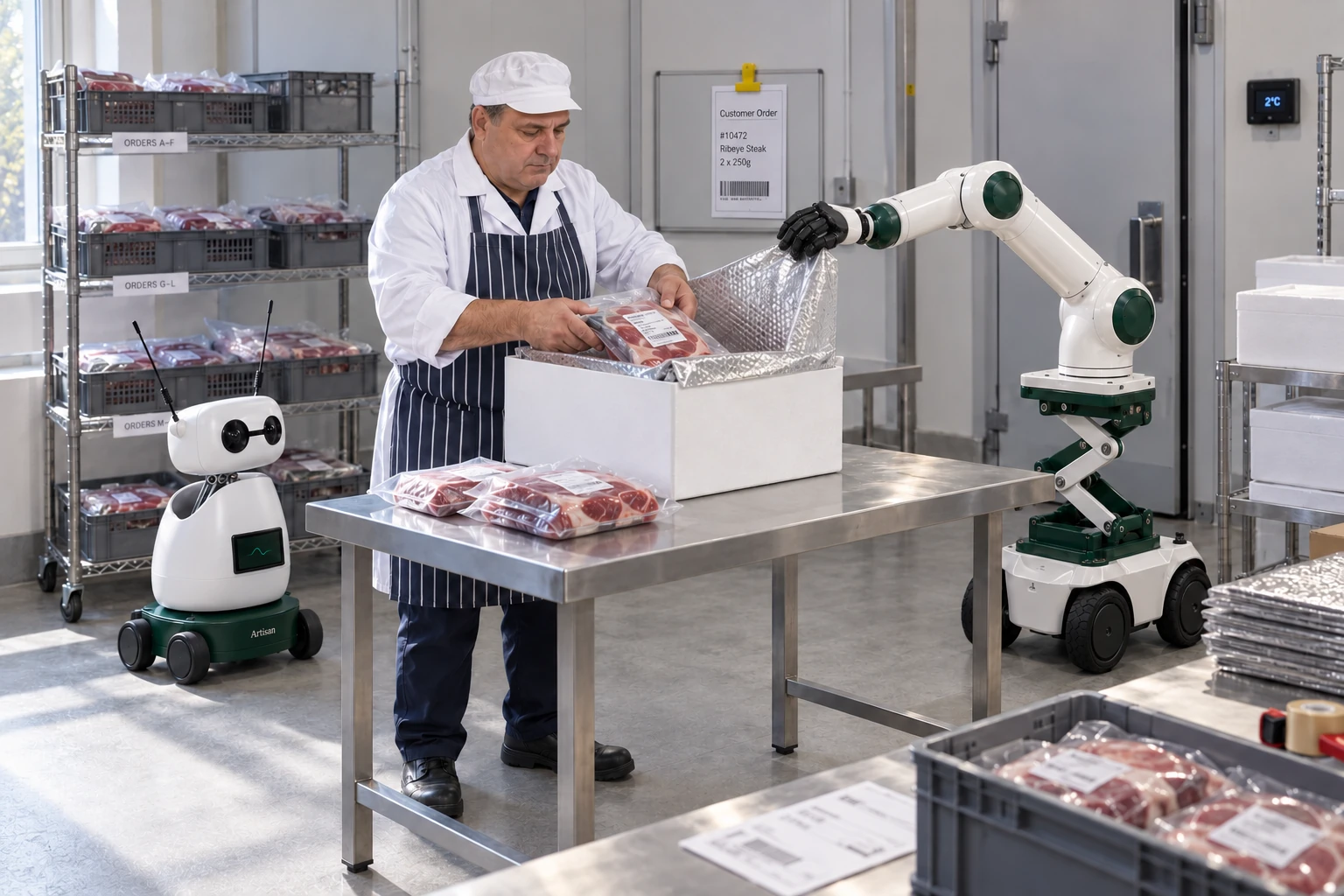 Muscle keeps the broad outer edge of an insulated delivery liner open while the butcher places a sealed customer pack inside the supported box. Mini watches beside the skilled worker.