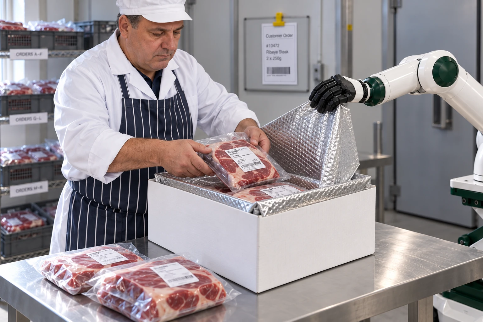Muscle keeps the broad outer edge of an insulated delivery liner open while the butcher places a sealed customer pack inside the supported box.