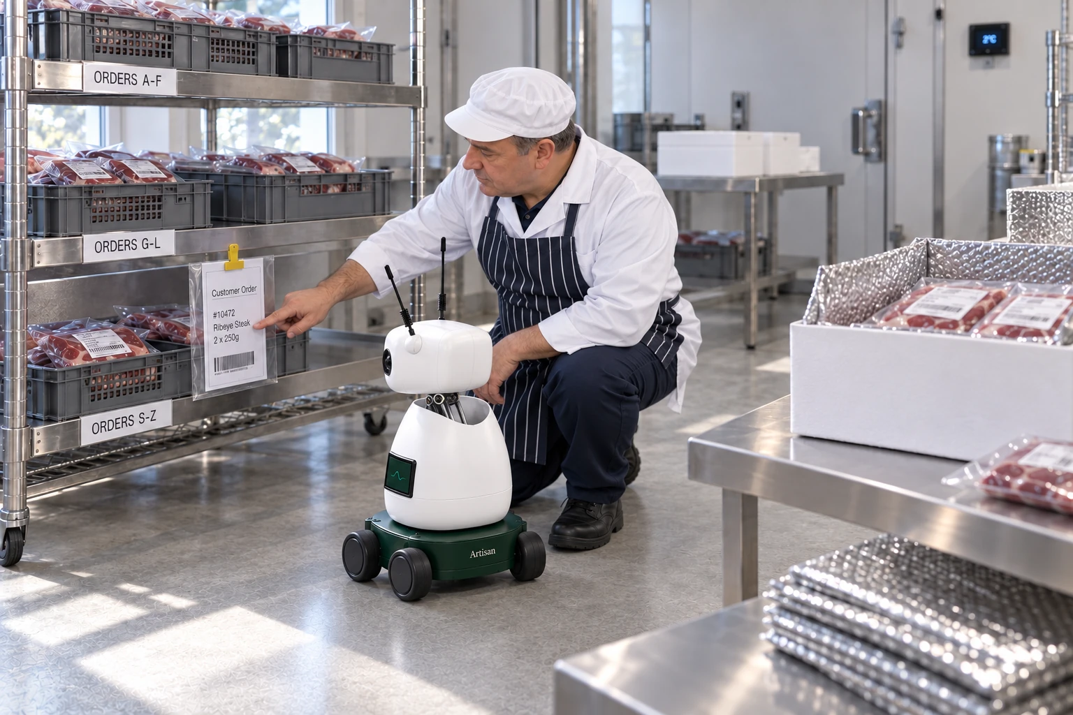 The butcher shows Mini the yellow-clipped sample sleeve and explains how its order label identifies the restaurant delivery.