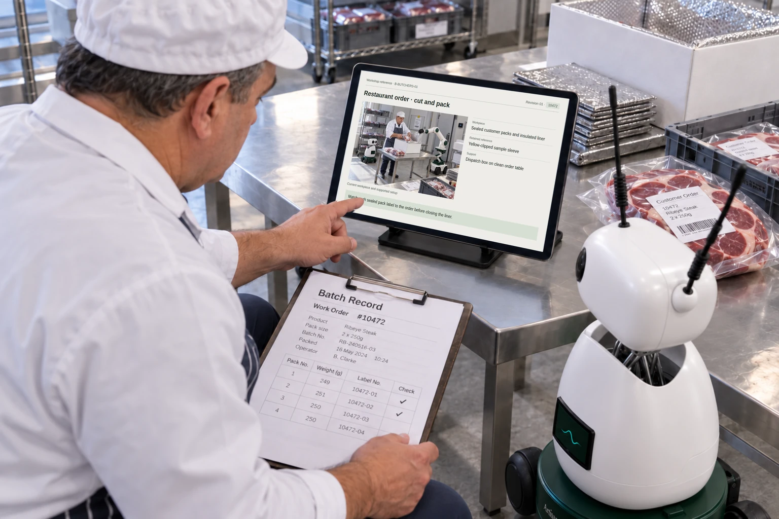 Worker and Mini consult the customer’s cut-and-pack order sheet and the corresponding batch record.