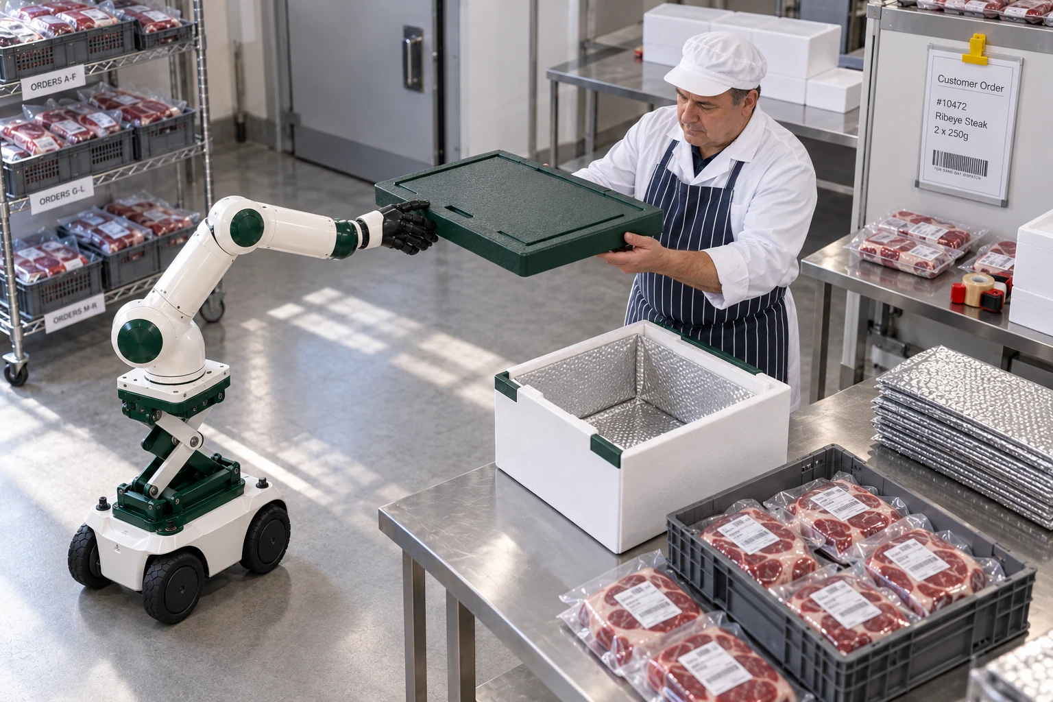 Muscle carries an empty reusable delivery-box lid toward the butcher’s packing position.