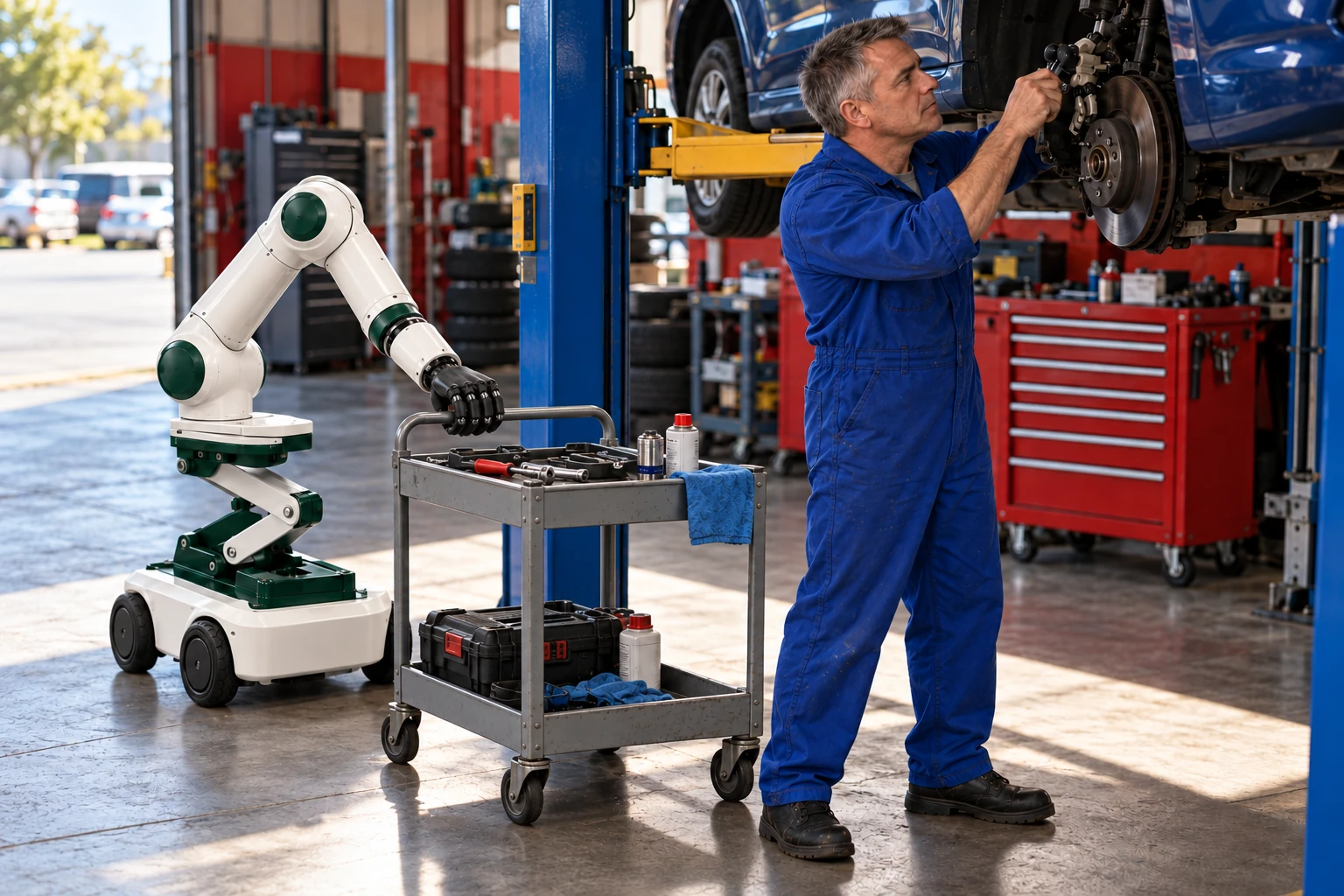 The mobile robotic arm holds a tool trolley beside a mechanic working on a raised car.