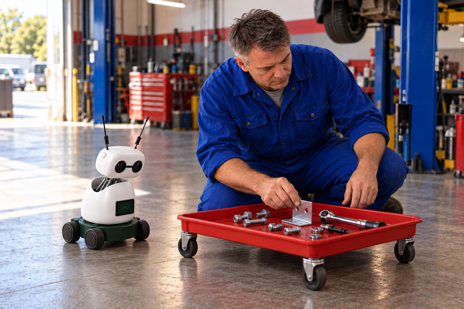 A mechanic shows the Brains a bracket, tools and the way parts are laid out in a red tray.