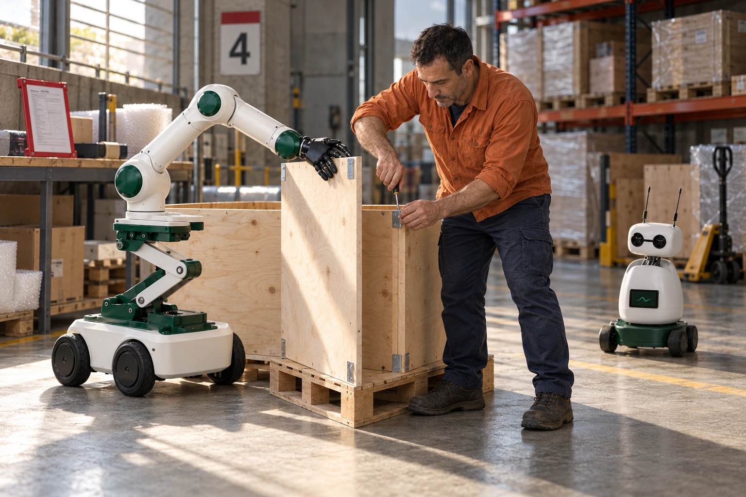 Muscle steadies a lightweight hinged plywood return of an empty freight crate while the handler fastens its corner brace with both hands. Mini observes the actual handwork from a separate clear floor position.