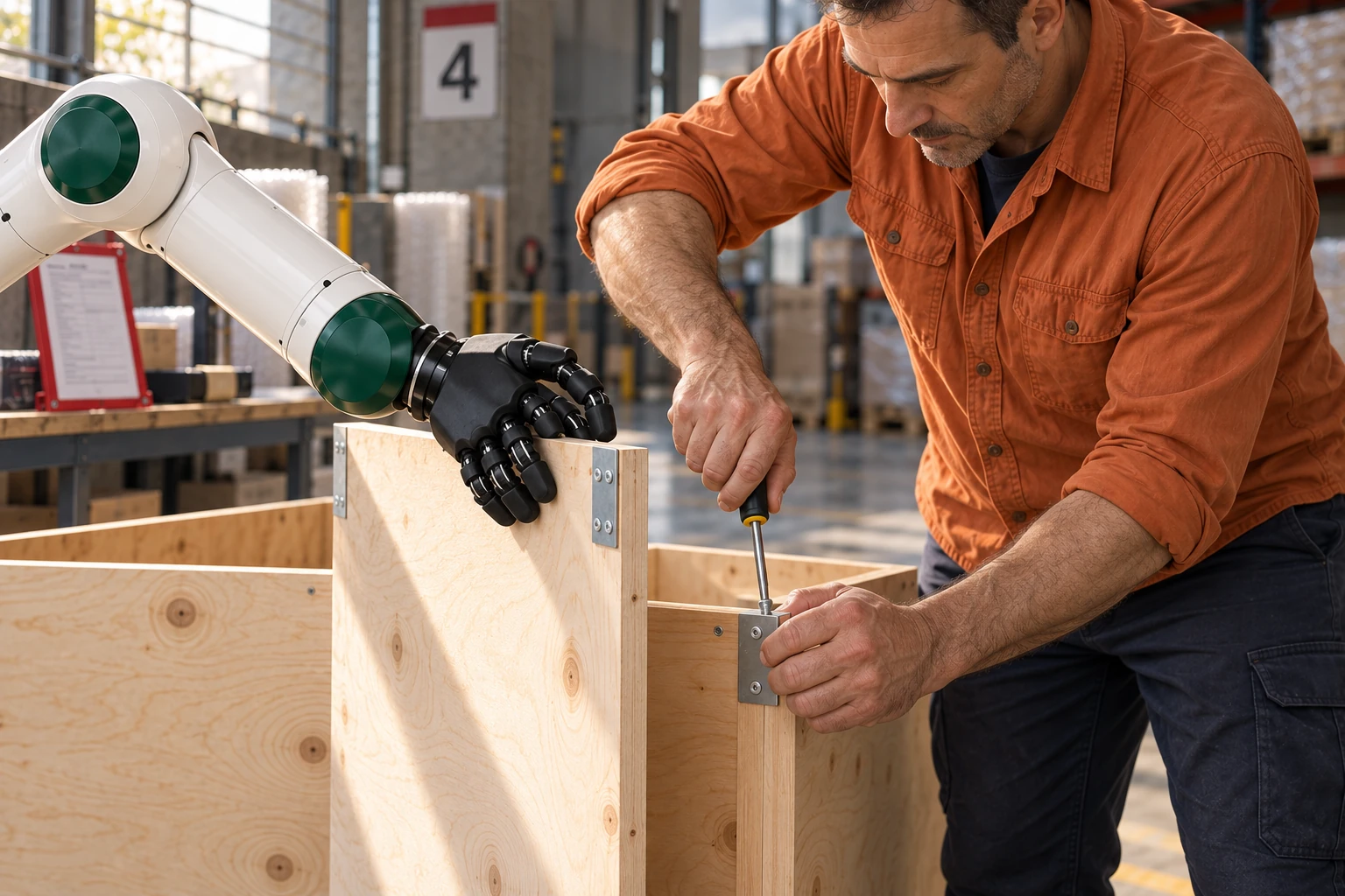 Muscle steadies a lightweight hinged plywood return of an empty freight crate while the handler fastens its corner brace with both hands.