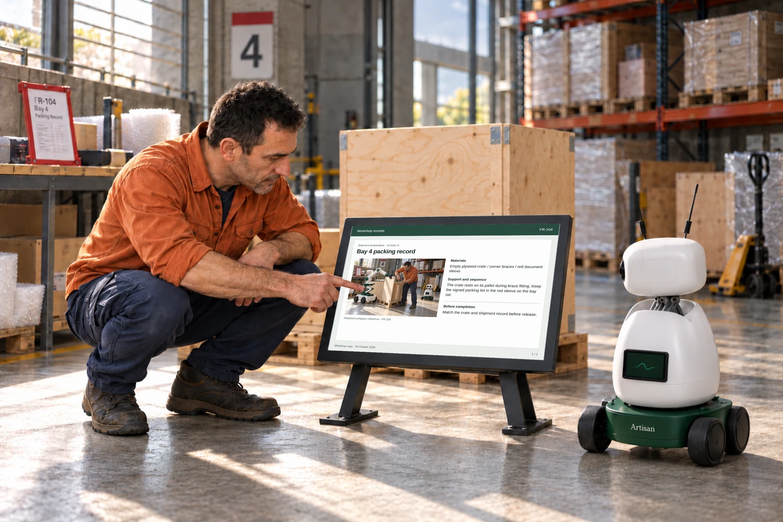 A handler and Mini consult a shipment’s packing list and approved handling note at a low supported display.